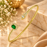 GOURIK Lab Created Emerald Open Bangle Gifts for Women, 18K Yellow Gold Plated Lab Grown Emerald & Simulated Diamond Cuff Bracelet