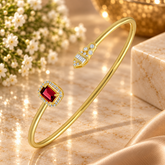 GOURIK Lab Created Ruby Open Bangle Gifts for Women, 18K Yellow Gold Plated Lab Grown Ruby & Simulated Diamond Cuff Bracelet