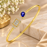 GOURIK 14K Gold Plated Lab Created Blue Sapphire Cuff Bracelet for Women - Sapphire Simulated Diamond Open Bangle - Trendy Light Weight Gold Bracelets - Anniversary Christmas Gift for Her