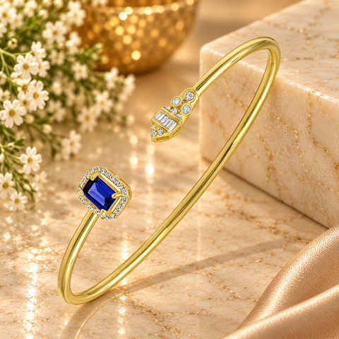 GOURIK Lab Created Sapphire Open Bangle Gifts for Women, 18K Yellow Gold Plated Lab Grown Sapphire & Simulated Diamond Cuff Bracelet