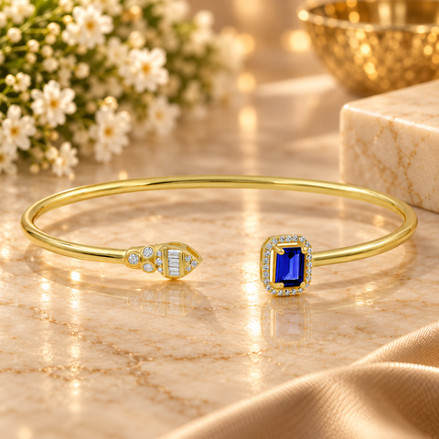 GOURIK Lab Created Sapphire Open Bangle Gifts for Women, 18K Yellow Gold Plated Lab Grown Sapphire & Simulated Diamond Cuff Bracelet