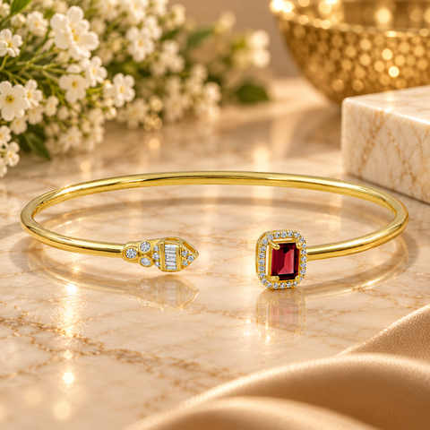 GOURIK Lab Created Ruby Open Bangle Gifts for Women, 18K Yellow Gold Plated Lab Grown Ruby & Simulated Diamond Cuff Bracelet
