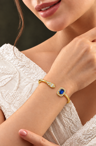 GOURIK Lab Created Sapphire Open Bangle Gifts for Women, 18K Yellow Gold Plated Lab Grown Sapphire & Simulated Diamond Cuff Bracelet