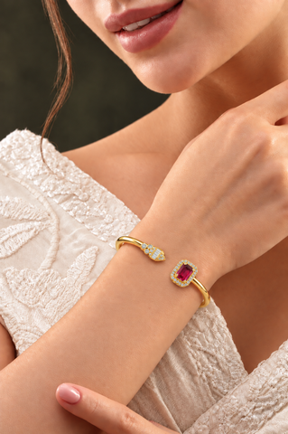GOURIK Lab Created Ruby Open Bangle Gifts for Women, 18K Yellow Gold Plated Lab Grown Ruby & Simulated Diamond Cuff Bracelet