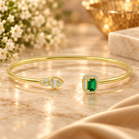 GOURIK Lab Created Emerald Open Bangle Gifts for Women, 18K Yellow Gold Plated Lab Grown Emerald & Simulated Diamond Cuff Bracelet