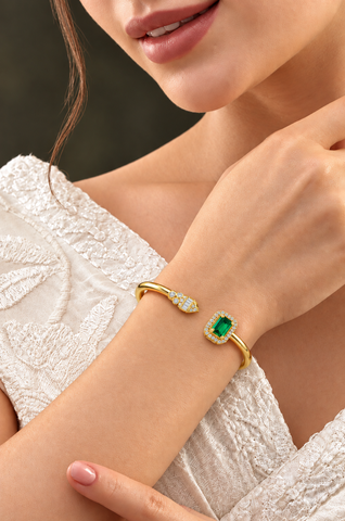 GOURIK Lab Created Emerald Open Bangle Gifts for Women, 18K Yellow Gold Plated Lab Grown Emerald & Simulated Diamond Cuff Bracelet